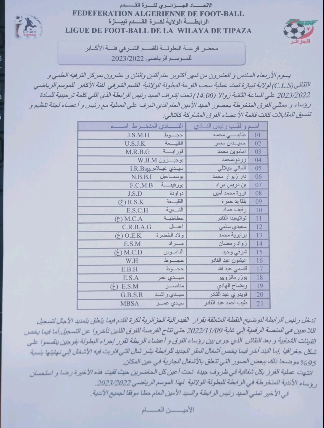 محضر قرعة البطولة للقسم الشرفي فئة أكابر 2022/2023 محضر قرعة البطولة للقسم الشرفي فئة أكابر 2022/2023