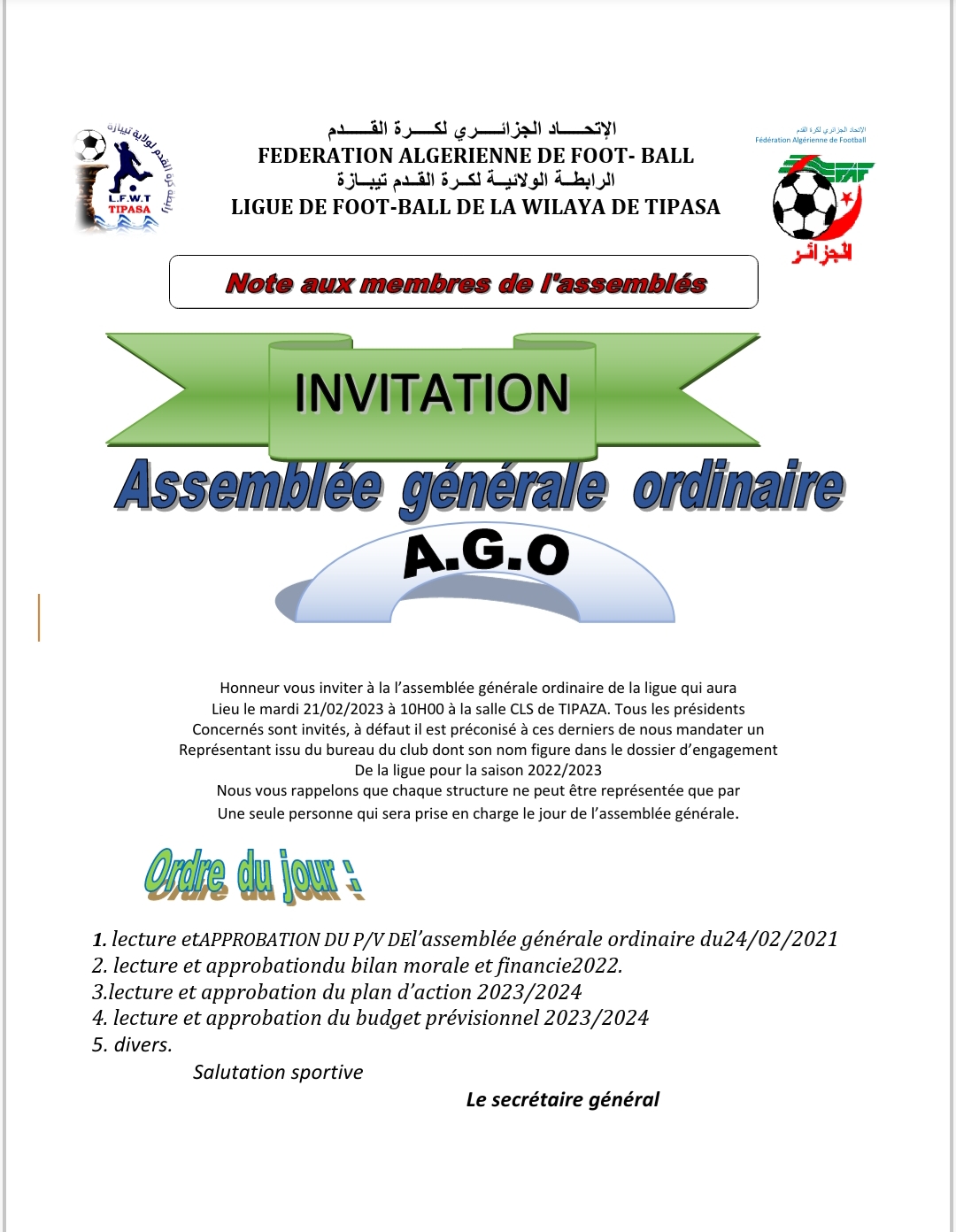 Invitation assemblée générale extraordinaire Invitation assemblée générale extraordinaire