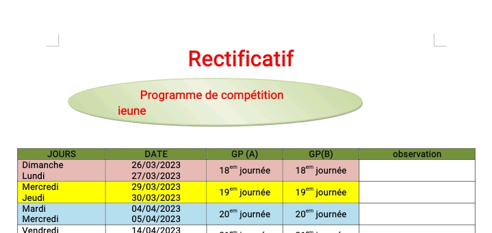 Rectification Programme de compétition Season 2022/2023 Rectification Programme de compétition Season 2022/2023